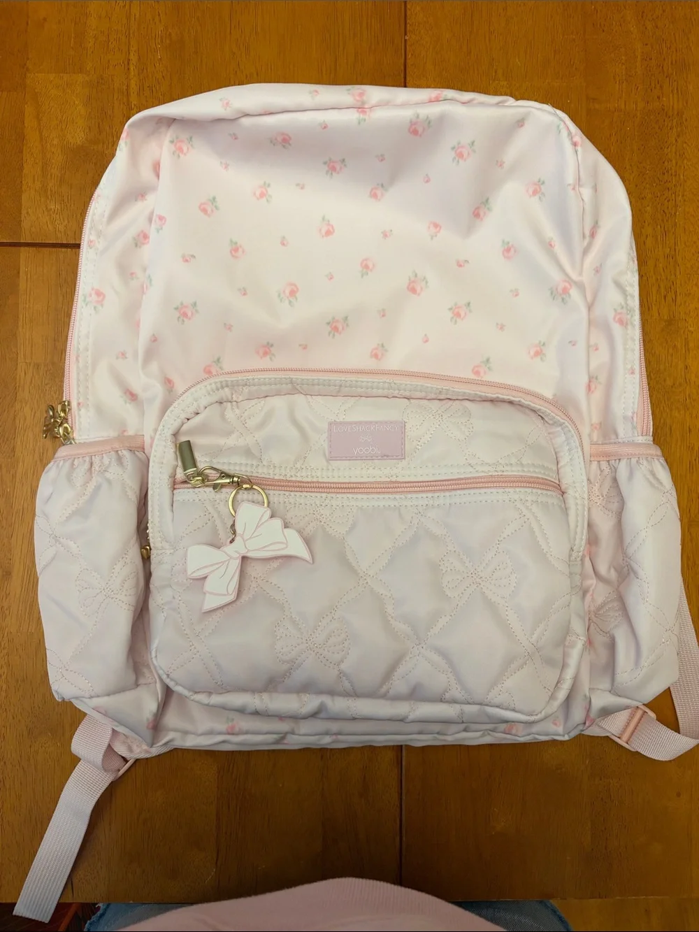 LoveShackFancy Pale Pink Quilted Bow Backpack with Rose Print